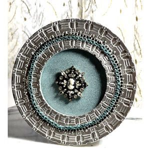 Vintage Cameo Jeweled Round Picture Frame Silver Blue Rhinestone Victorian Style